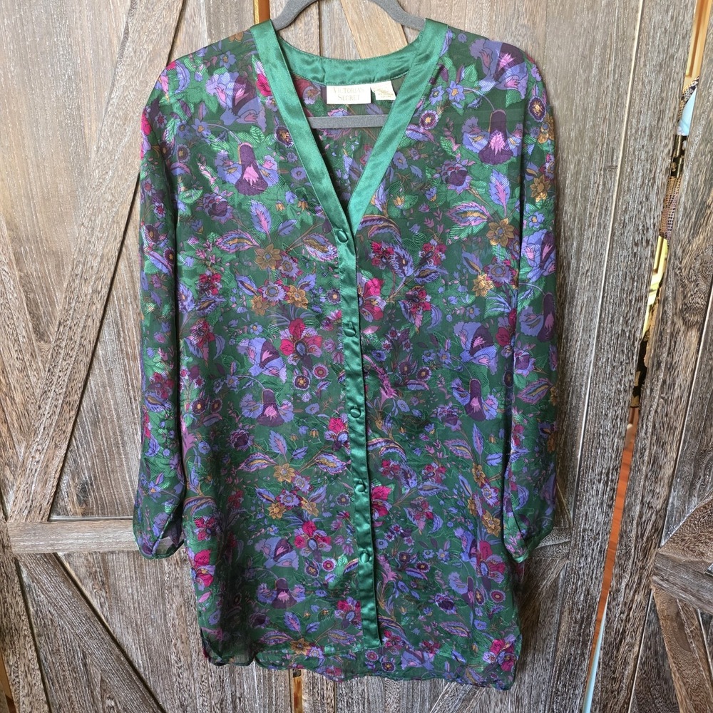 Victoria's Secret Robe Women's Size M/L Green Multi Floral Gold Label Buttons